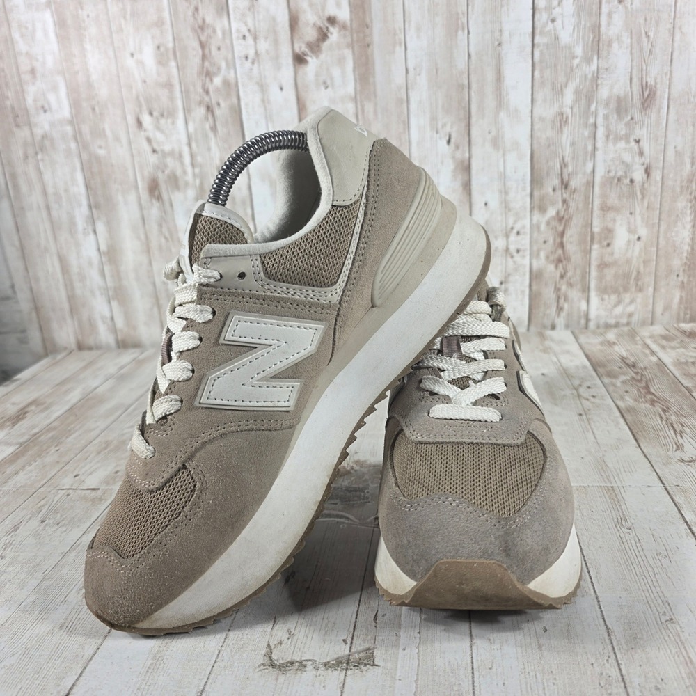 New Balance 574+ Platform Sneakers Tan‎ Beige Suede WL574ZSM Womens 10 - Picture 5 of 8
